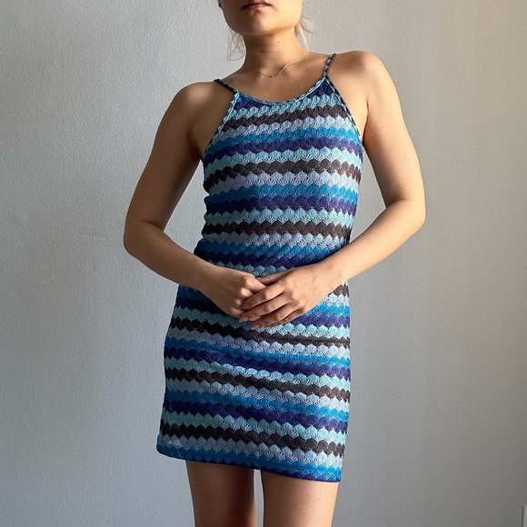 Topshop Crochet Seashell Zigzag Thin Straps Mini Dress in Blue - Picture 2 of 9